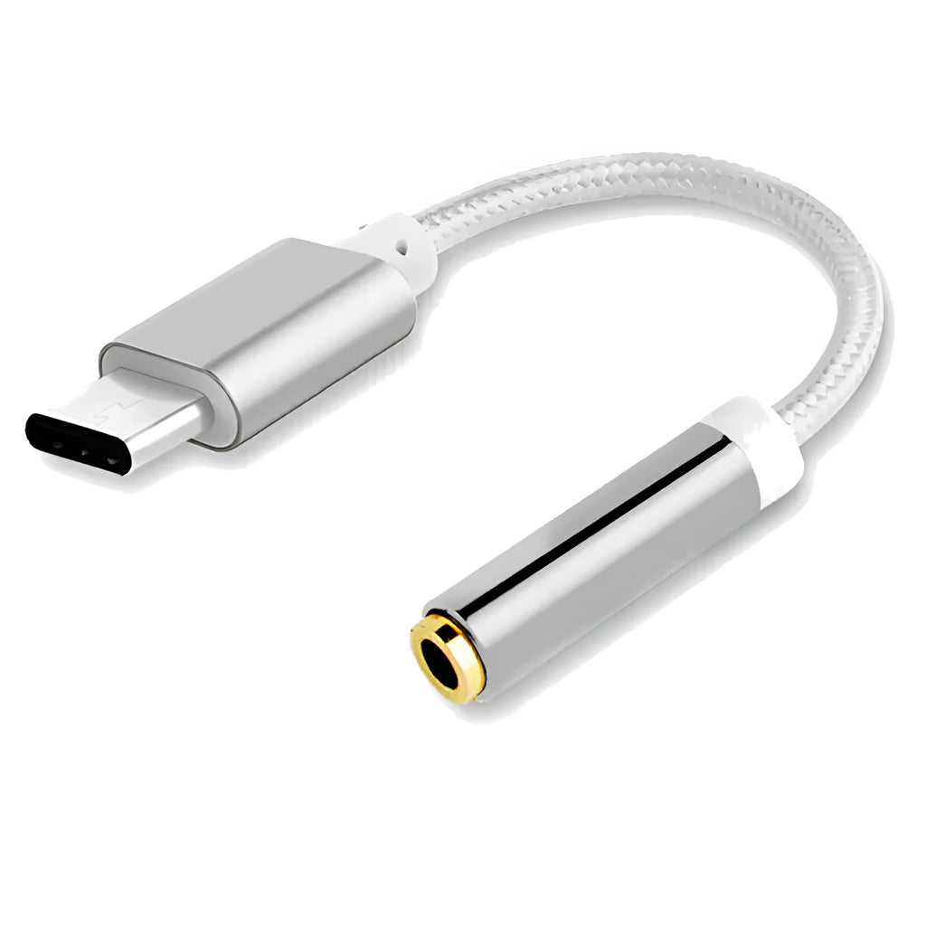 Close-up of a black nylon TYPE-C to 3.5mm female headphone adapter cable on a white background.