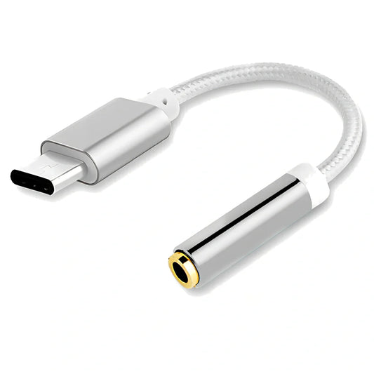 Black woven Type-C to 3.5mm audio adapter cable, 12cm length, 5g weight for mobile headphone connection