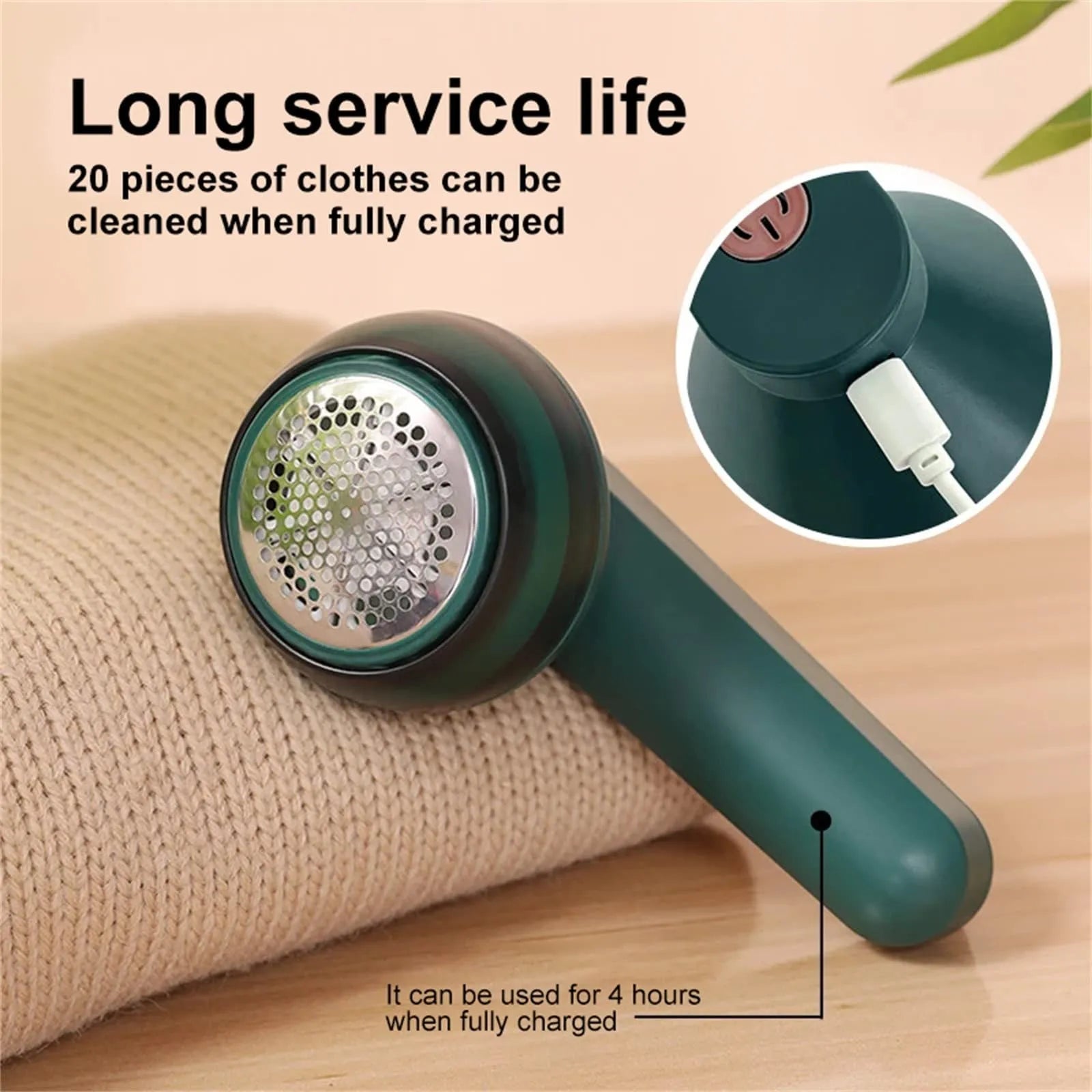 White or green USB rechargeable electric lint remover for clothing with removable lint collector container.