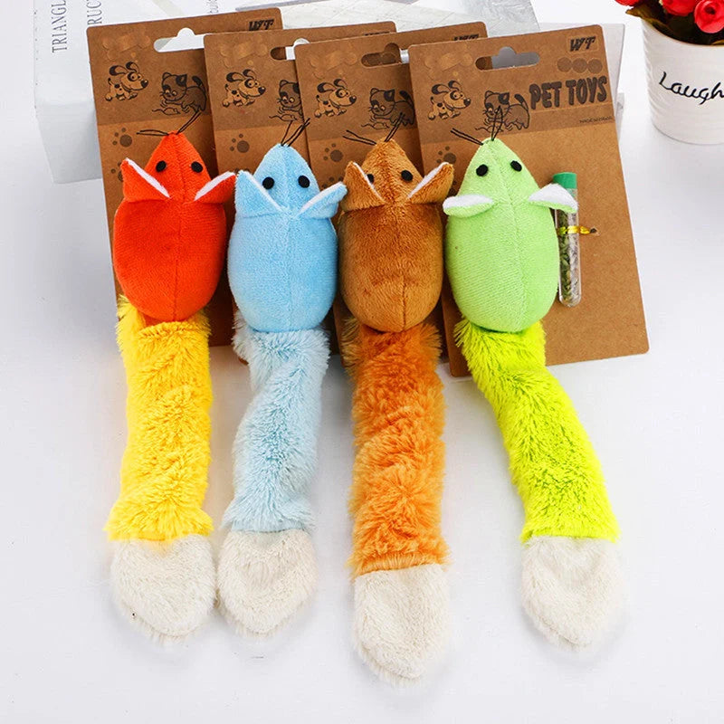 Plush cat toy mouse with mint refill in green, blue, orange, and coffee colours