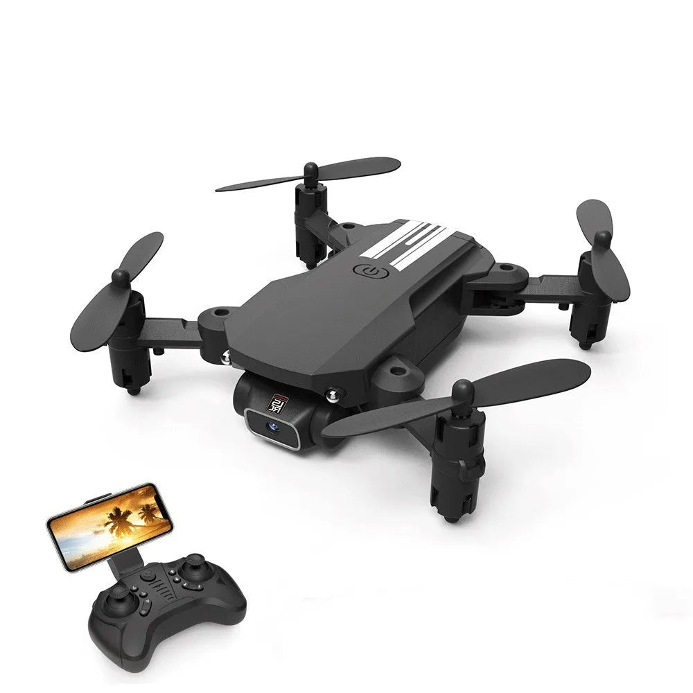 Mini folding drone with 4K camera and foldable arms in black plastic and metal construction