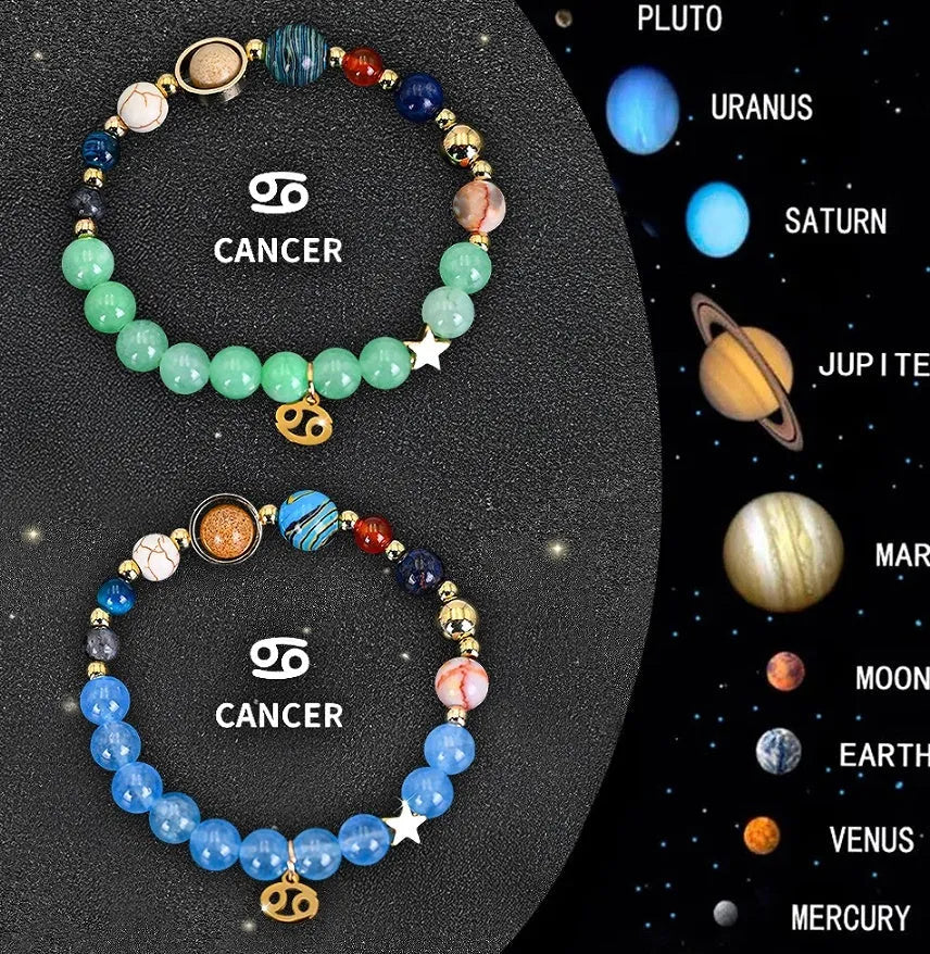 Two natural stone beaded bracelets showing different designs for the twelve zodiac signs.