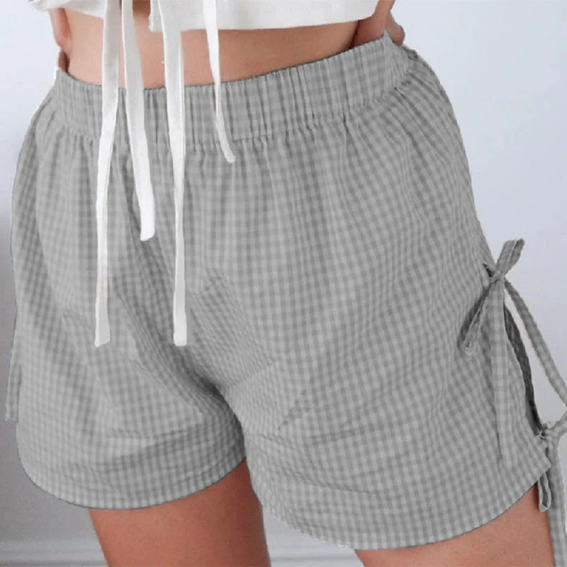 Women's loose plaid print shorts with lace-up design in various colours