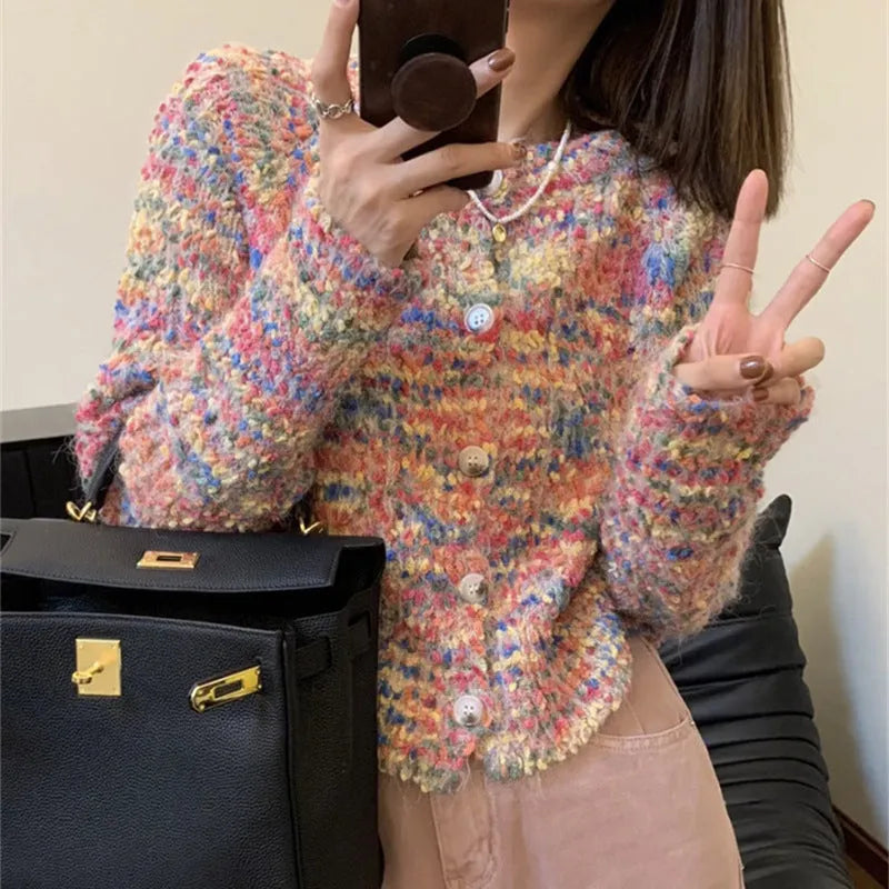 Retro rainbow knitted cardigan in toothbrush hair fabric with ice cream pink and green colour options