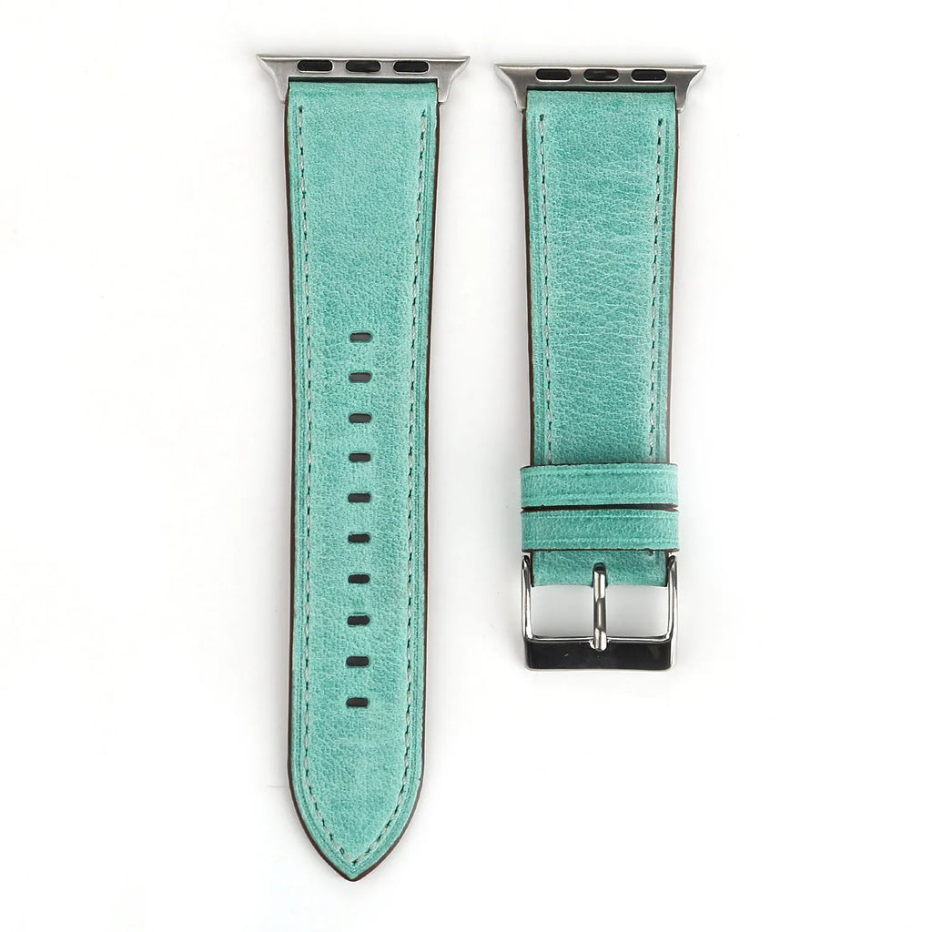 Genuine leather watch strap with folding buckle in blue, shown in 38mm width.