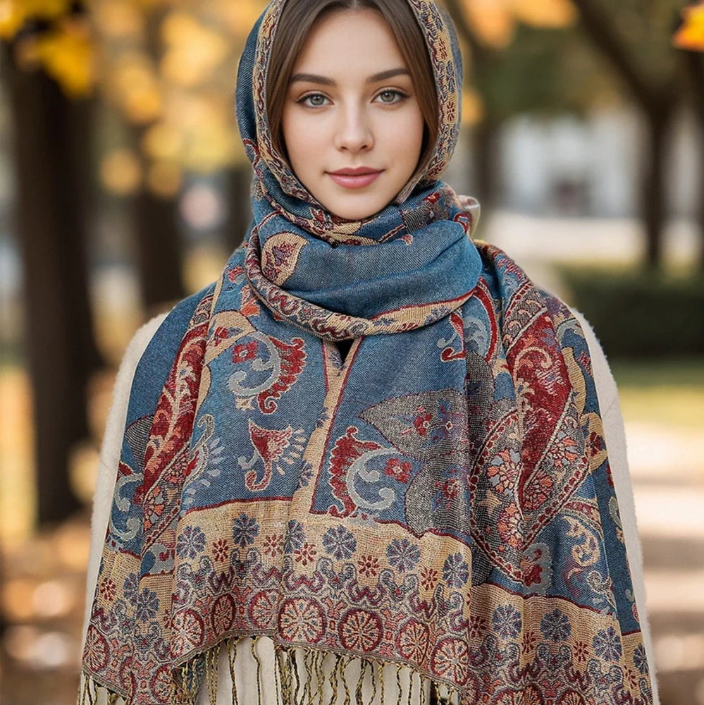 Cashew pattern tassel scarf measuring 176cm long with burgundy colour and ethnic styling