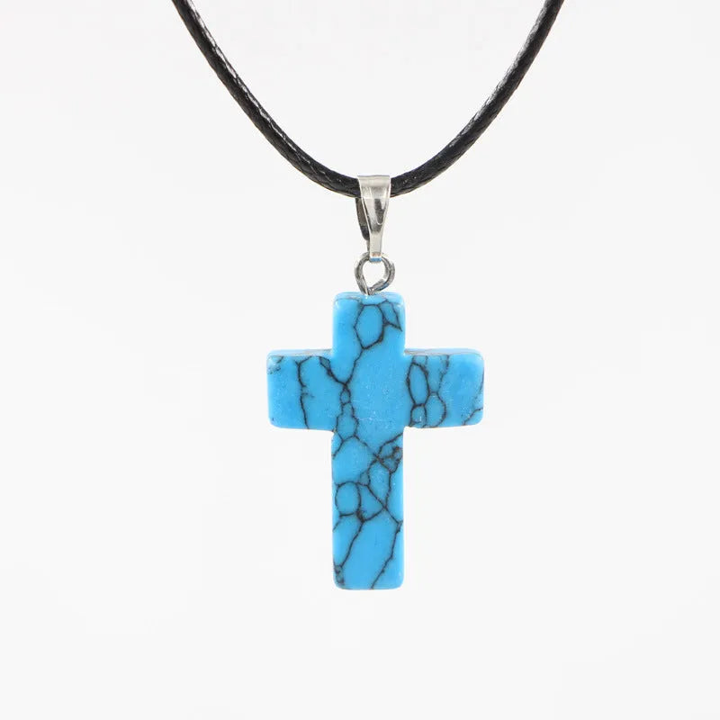 Natural stone cross marble pattern pendant necklace with alloy setting and snake chain, multiple colour options including amethyst and turquoise
