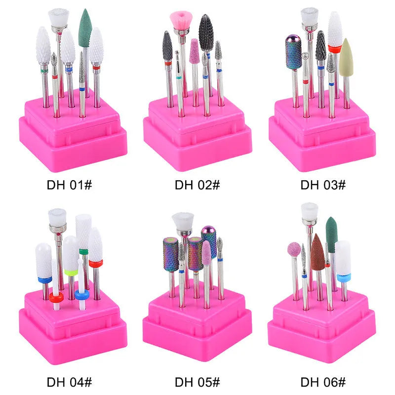 Tungsten steel nail drill bit set with six bits and one brush in a transparent case.