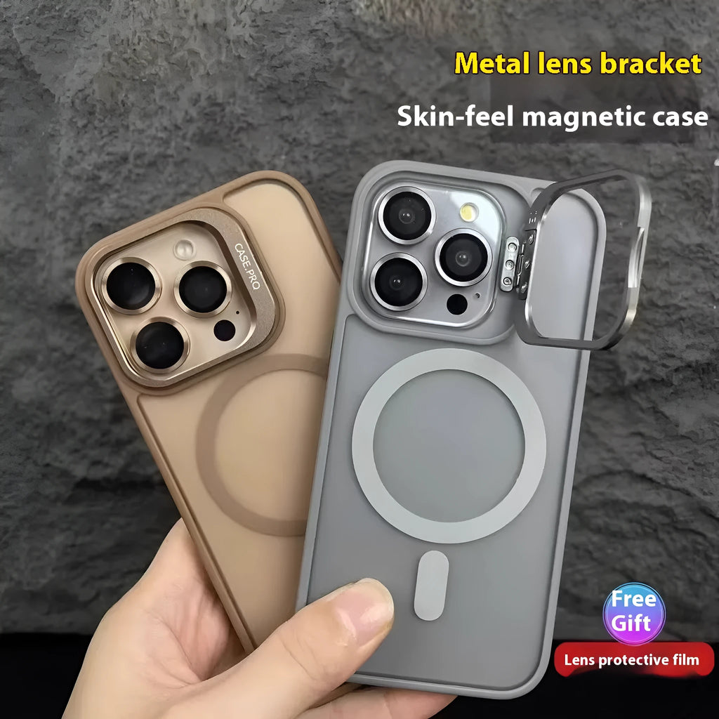 Titanium gray PC phone case for iPhone 17 with integrated lens cover and built-in stand
