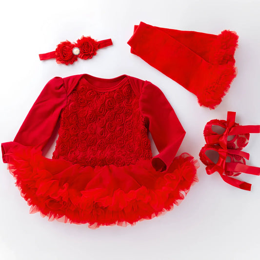 Baby girl long sleeve compound rose romper dress in pink cotton with flowers, size 59-80cm, including shoes and accessories