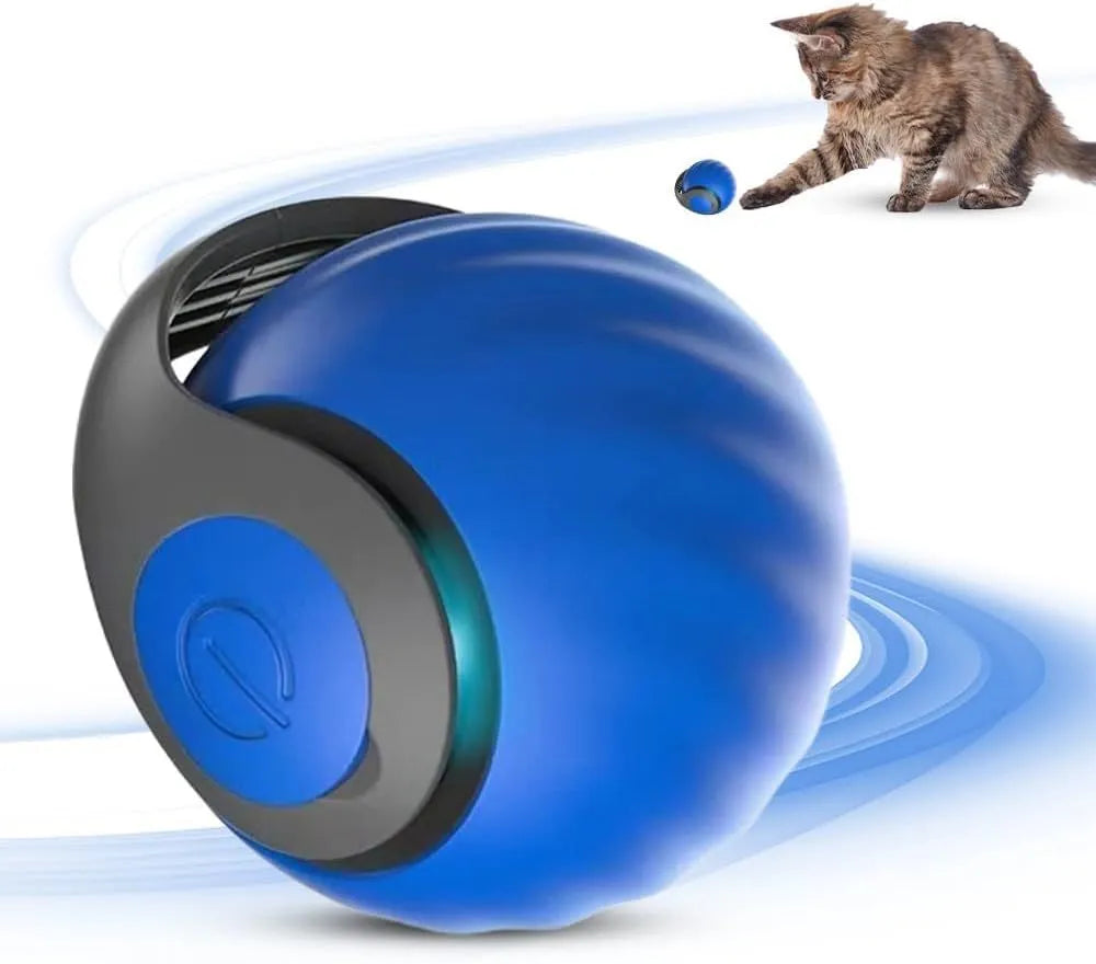 Interactive rolling ball pet toy with motion activation in blue or red colour