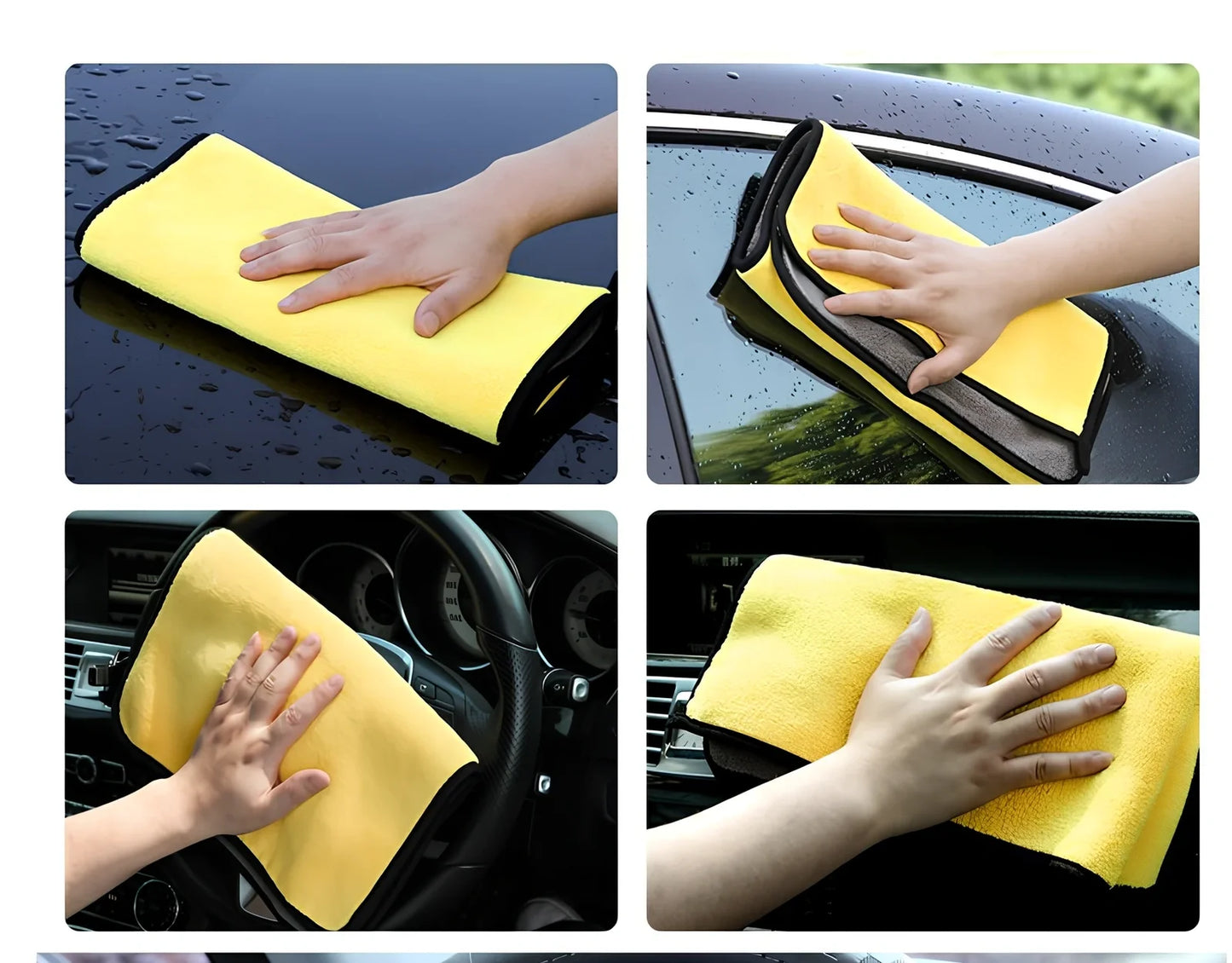 Thickened double-sided microfiber cleaning towel in yellow and grey, 30x30cm and 30x60cm sizes for lint-free car washing