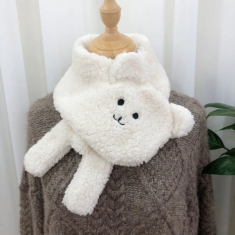 Women's winter bear plush scarf in lamb wool, available in white, apricot, khaki, and beige