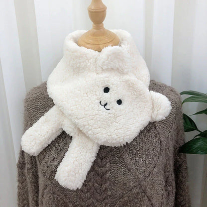 Women's winter bear plush scarf in lamb wool, available in white, apricot, khaki, and beige