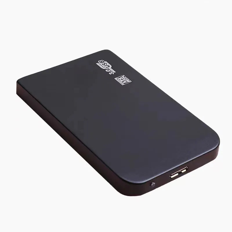 Silver metal USB 3.0 solid state external hard drive with data cable.