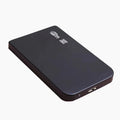 Silver metal USB 3.0 solid state external hard drive with data cable.