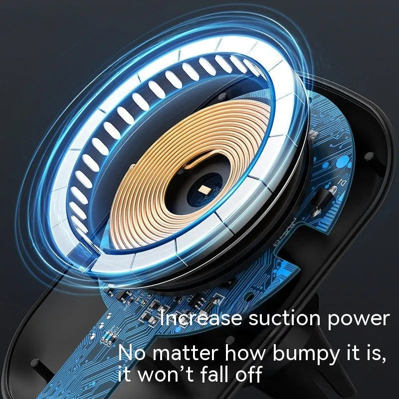 Black magnetic car wireless charger mounted on air vent with phone attached