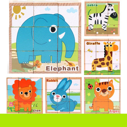 Six-face wooden jigsaw puzzle for children with six unique educational patterns
