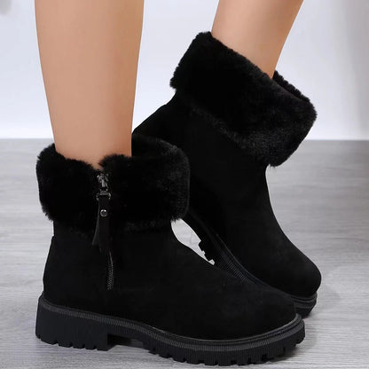 Stylish plush winter boots for women with side zipper, available in beige and black colors, featuring a suede upper and plush lining for maximum warmth and comfort.