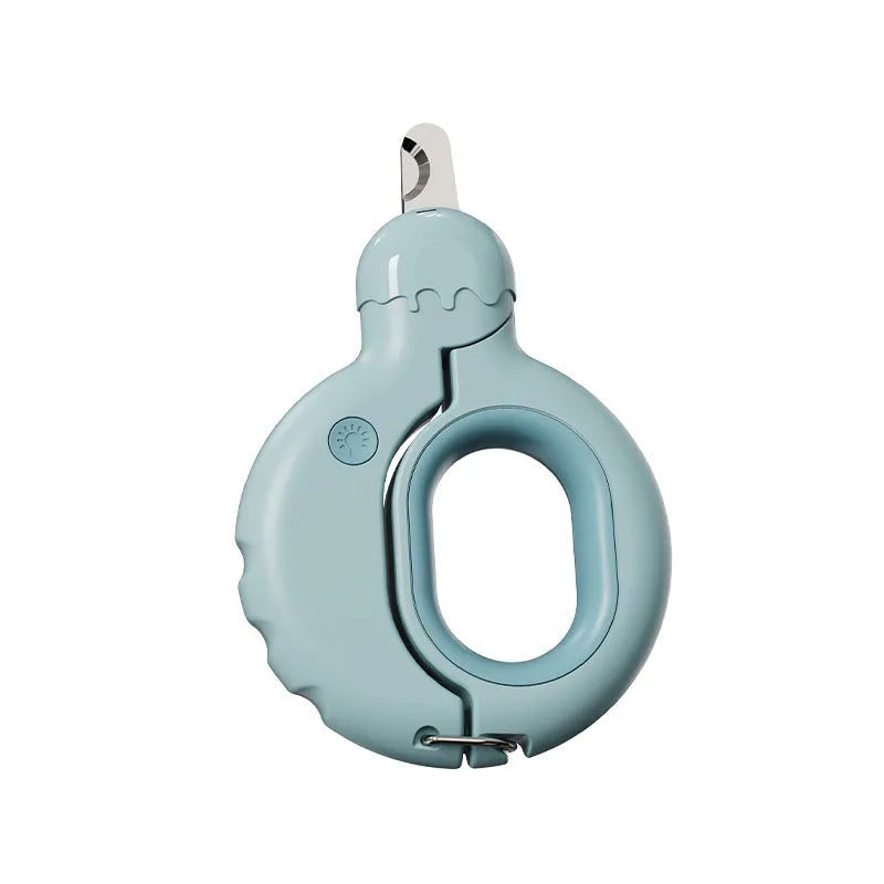Blue pet nail clippers with LED light on, showing stainless steel blade and non-slip plastic handle.