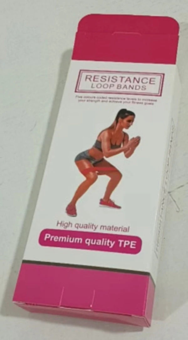 Set of five colour-coded resistance bands for yoga and fitness training, with storage bag