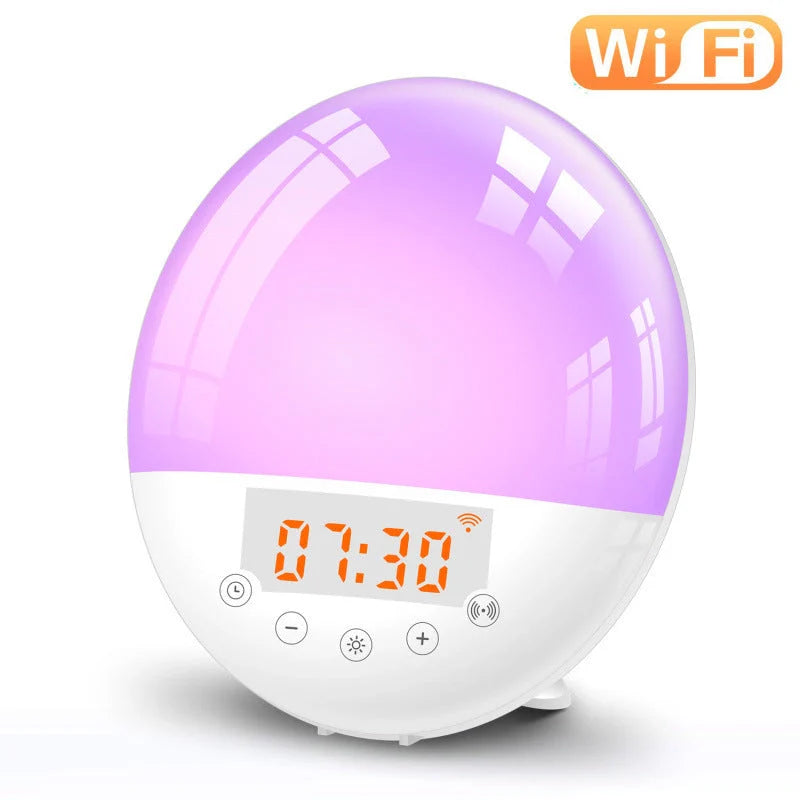 WiFi Voice Control Intelligent Alarm Clock with Sunrise Wake-up Light on bedside table