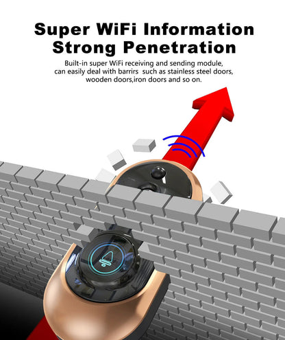 Low-power smart doorbell in gold, featuring wireless design and dual power options