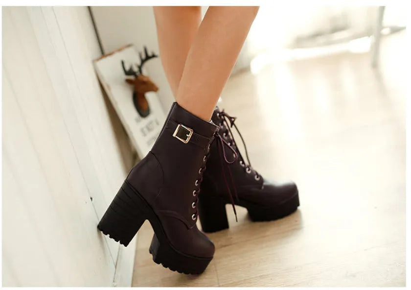Large size thick heel high heel PU Martin boots in black, brown, and white, sizes 34 to 43
