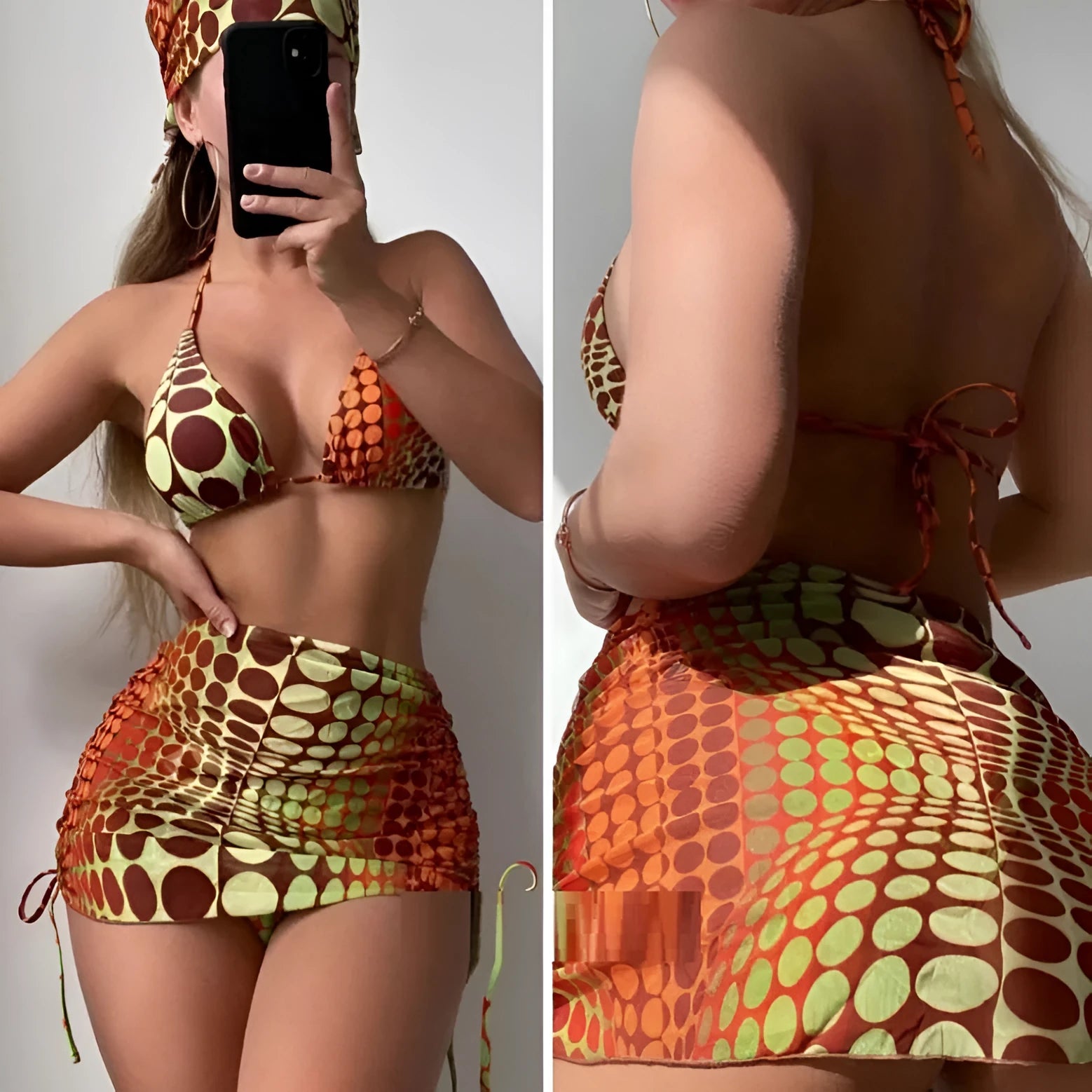 Printed split bikini women's swimsuit set with chest pad, high-waist skirt, shorts, and headband in polyester, picture colour