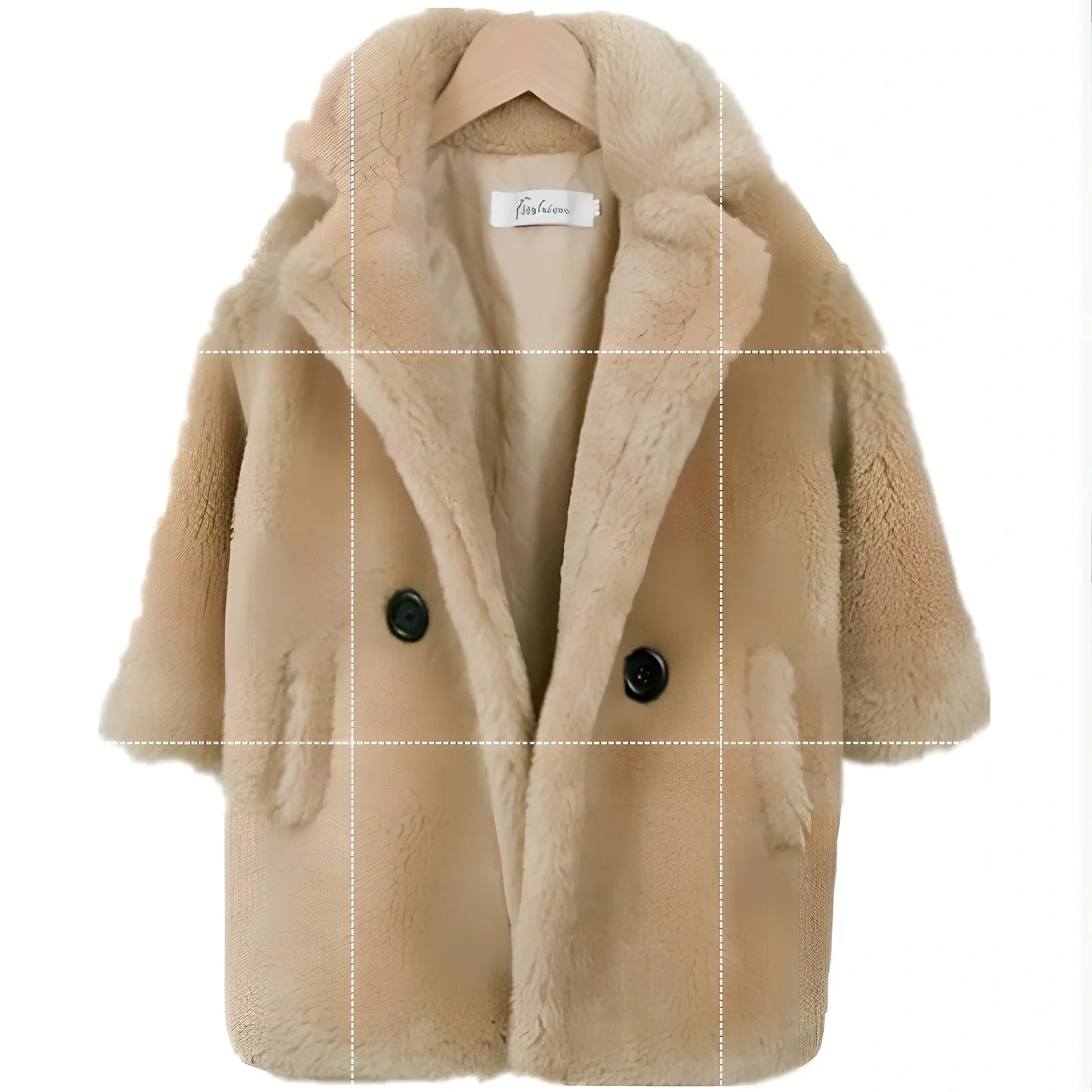 Children's cashmere fur coat in beige colour with suit collar and long sleeves for winter wear