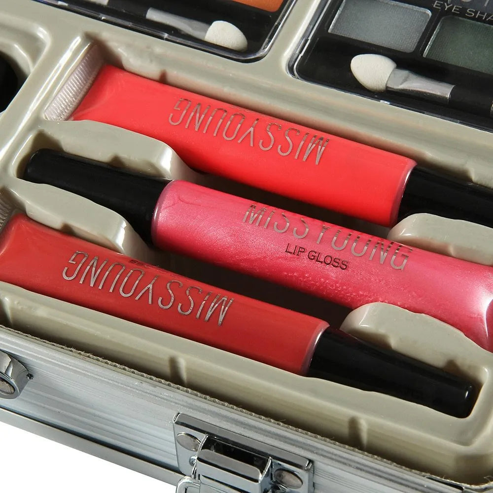 Makeup kit with natural colours including lipstick, eye shadow, foundation, and blush in a 35x26x7.5cm case