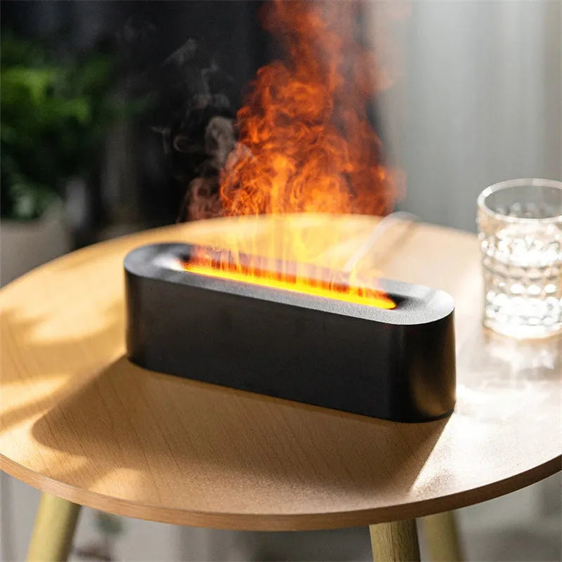White square ultrasonic flame aroma diffuser with LED lights on a wooden table.