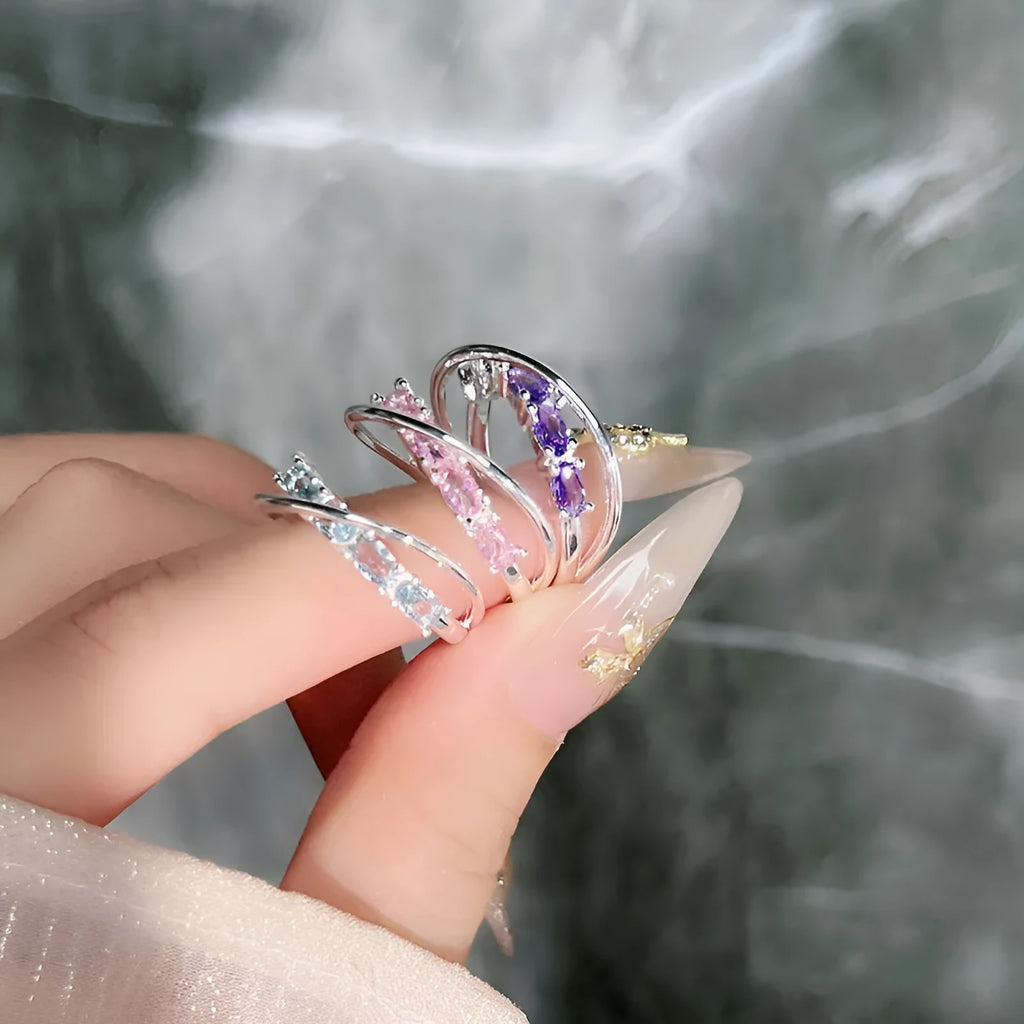 Copper geometric star river track ring with inlaid zircon stones in blue diamond colour, open style on hand