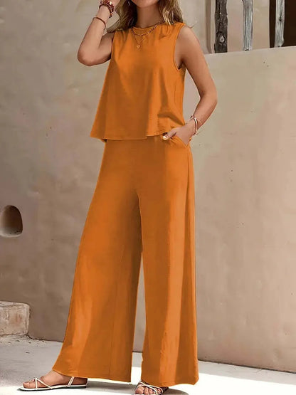Women's solid colour casual loose pants set with sleeveless top in various colours