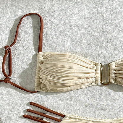 Women's striped polyester swimsuit in khaki, brown, white, black, or green for beach and hot spring activities