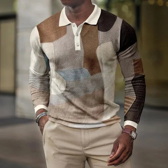 Man wearing striped long-sleeved casual top with 3D printed pattern in polyester fabric