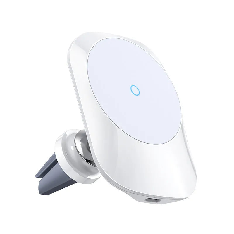 Black magnetic car wireless charger mounted on air vent with phone attached