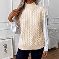 Women's white thickened acrylic sleeveless high neck knit sweater with colour blocking, loose fit, regular length