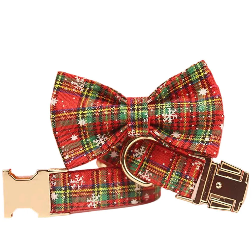 Red snowflake Christmas dog collar set with plaid leash and matching vest
