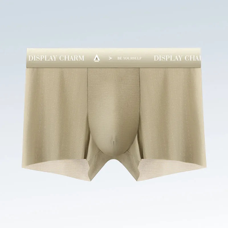 Ice silk men's seamless boxers in five solid colours: dark gray, silver gray, dark green, mustard yellow, reddish brown