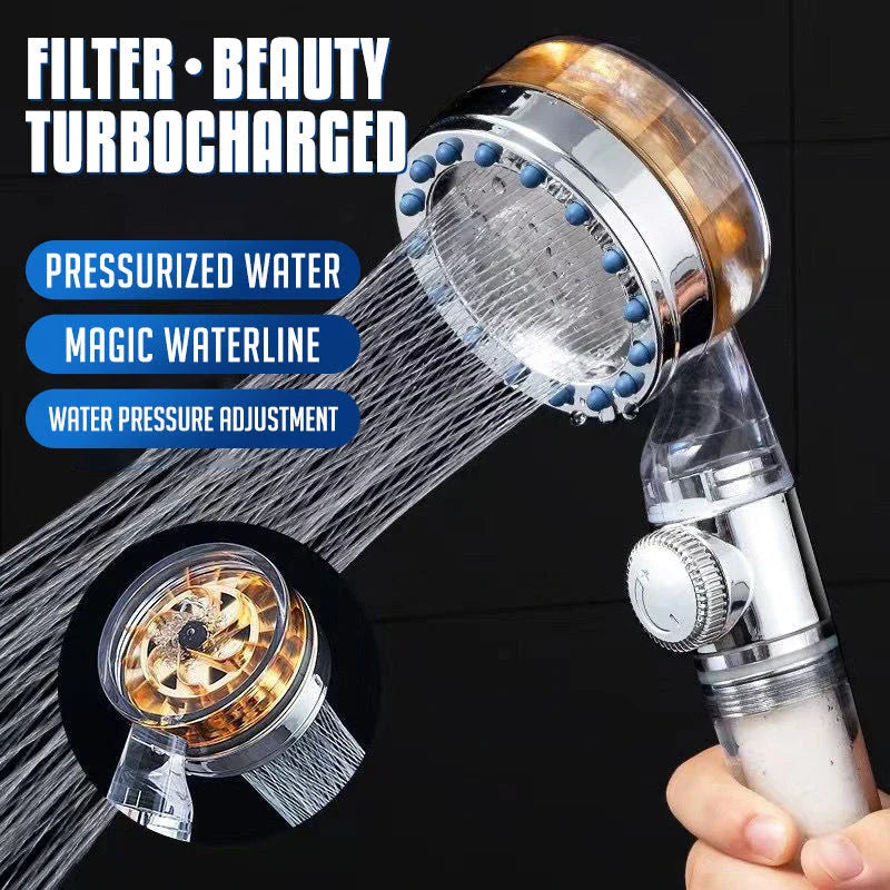 Premium high-pressure turbo shower head with water-saving features, filter, and silicone massagers for a luxurious bathroom upgrade