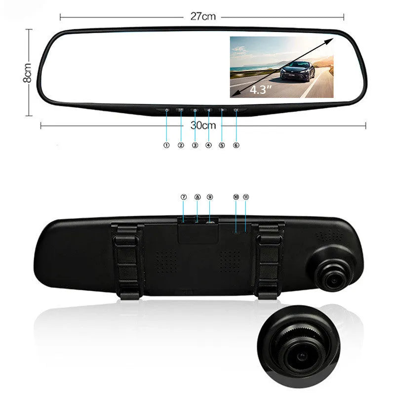 Car driving recorder with 4.3-inch screen mounted on rearview mirror, black colour, 170-degree wide-angle lens