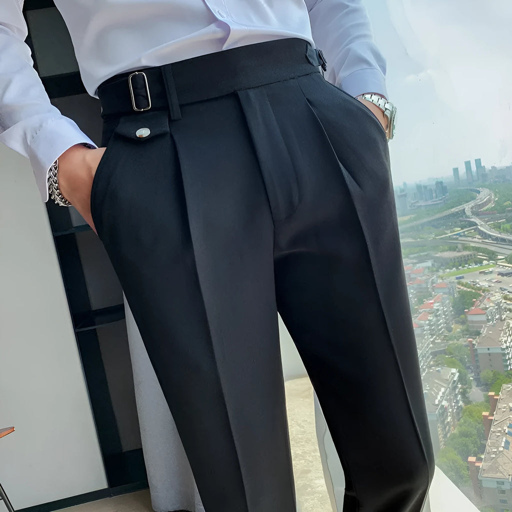 Men's solid colour straight leg casual trousers in polyester, shown in a light colour on a hanger.