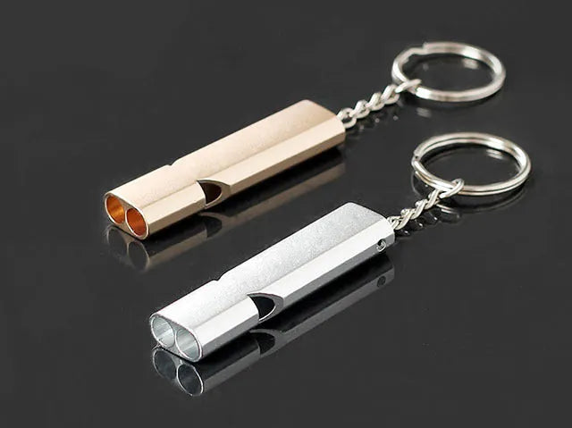 Aluminium alloy outdoor survival whistle with double hole design in silver and gold colour options