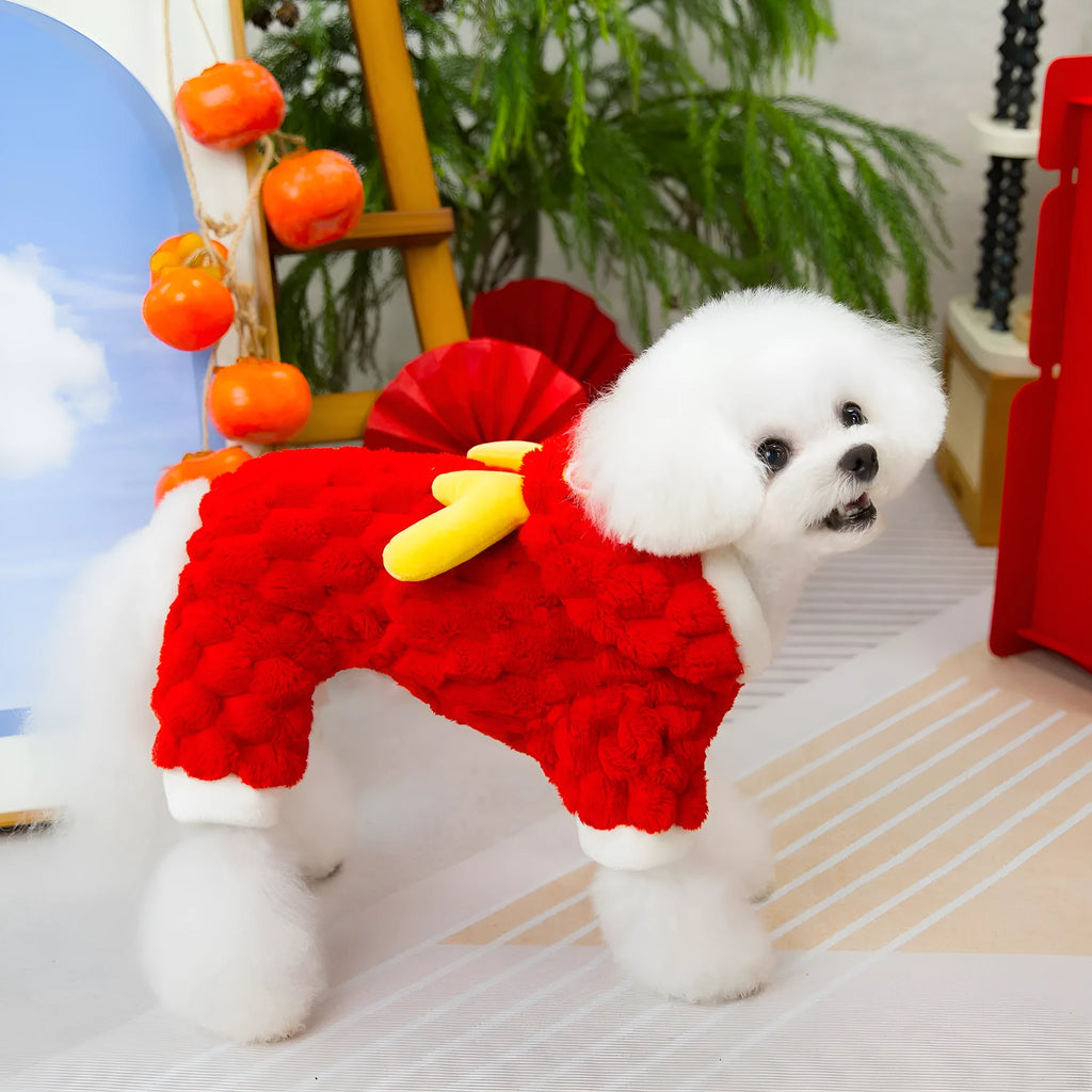 Red fluffy pet jacket with cartoon dragon design for small dogs and cats on a white background.