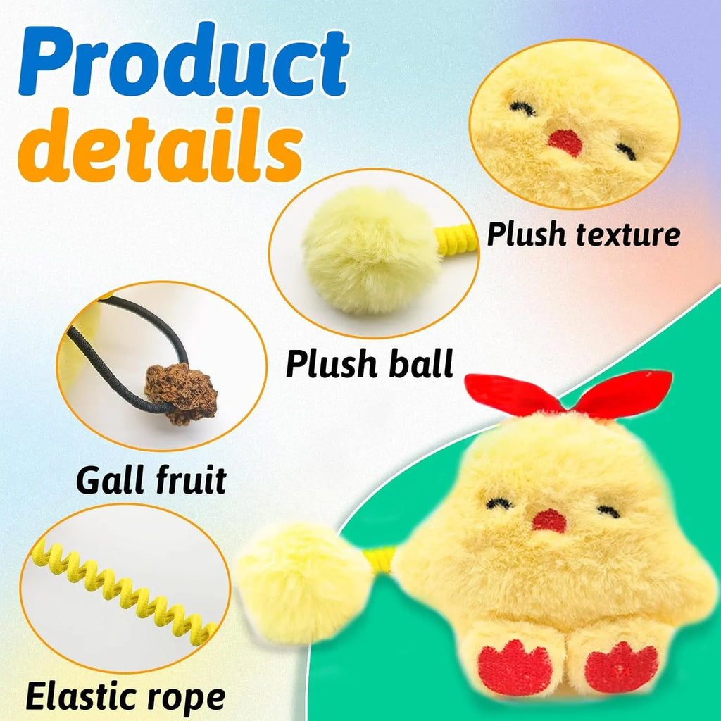 Set of interactive cat toys including plush animals, a silvervine fruit, a spring, and a fuzzy ball.