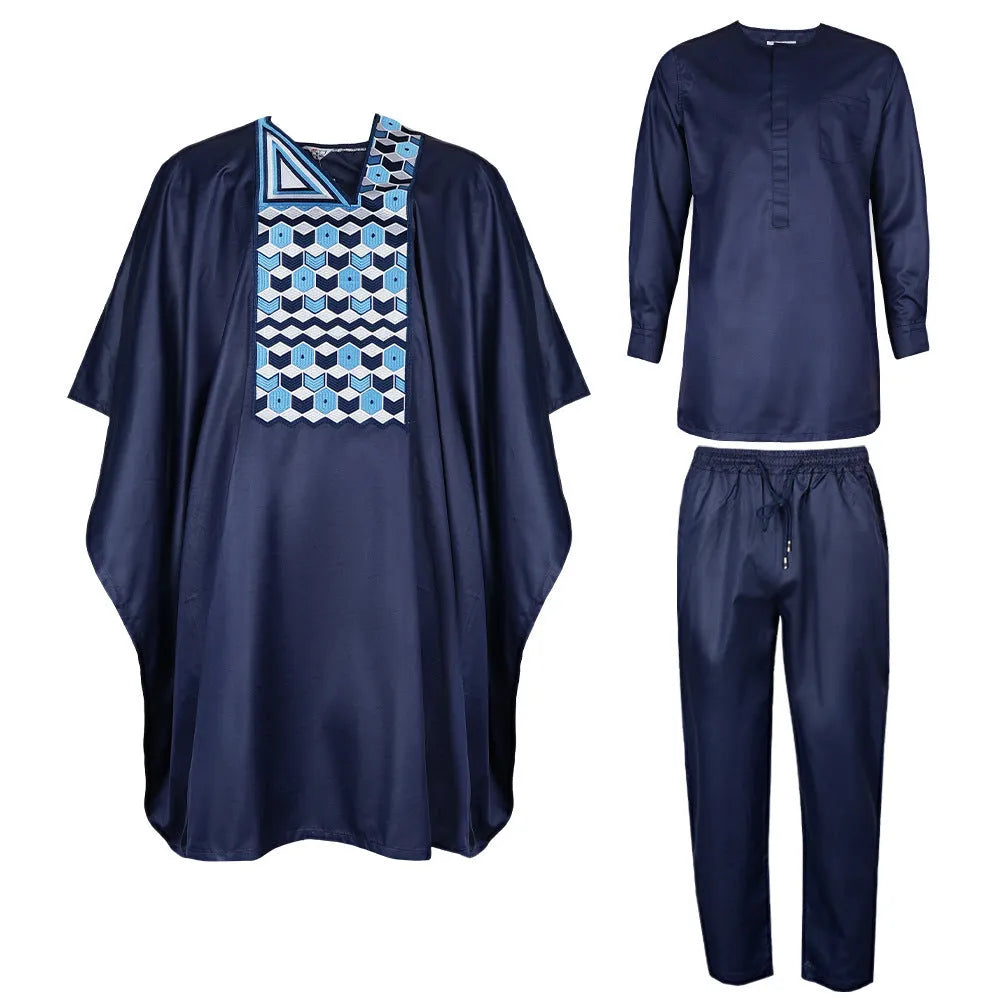 Men's dark blue embroidered three-piece suit set with polyester T-shirt style jacket and trousers