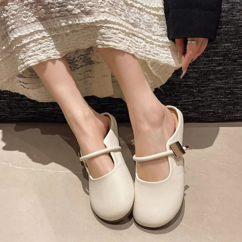 Casual slip-on shoes with square metal buckle toe cap, PVC sole, apricot colour, side view