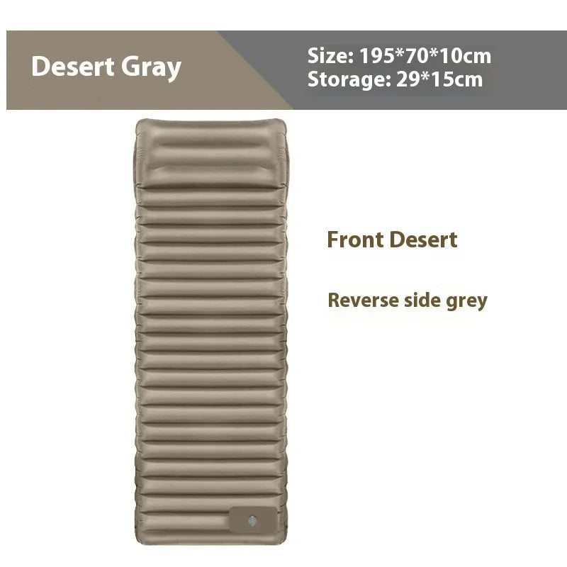 A portable inflatable camping mattress in desert grey colour, shown inflated to its 195x70cm size.