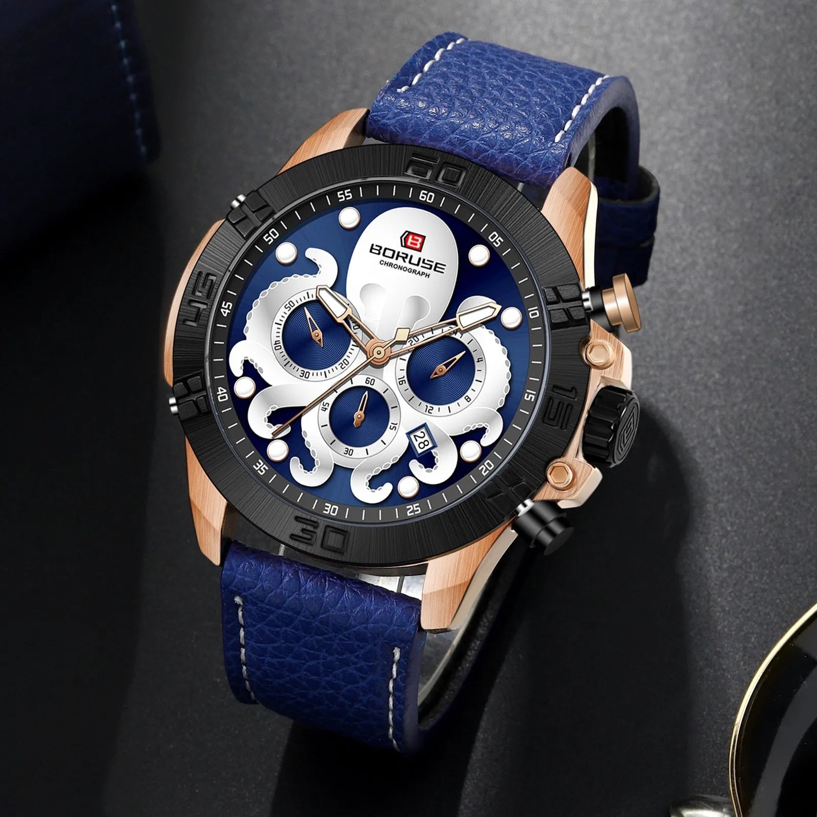 Men's octopus design waterproof watch with luminous quartz movement in blue or black colour options